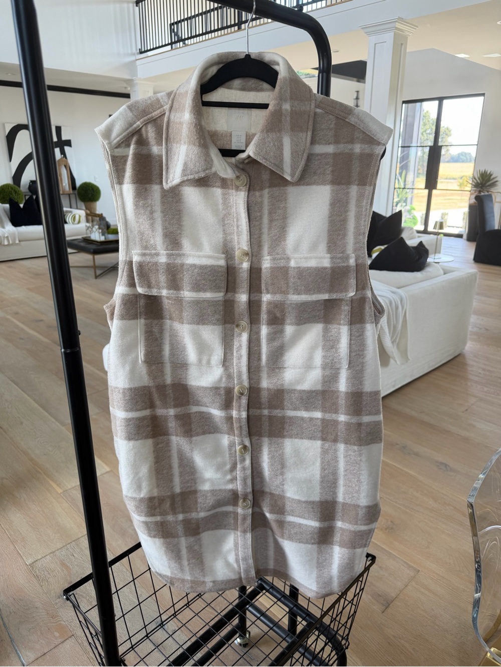 H&M Taupe and White Plaid Sleeveless Button Shacket